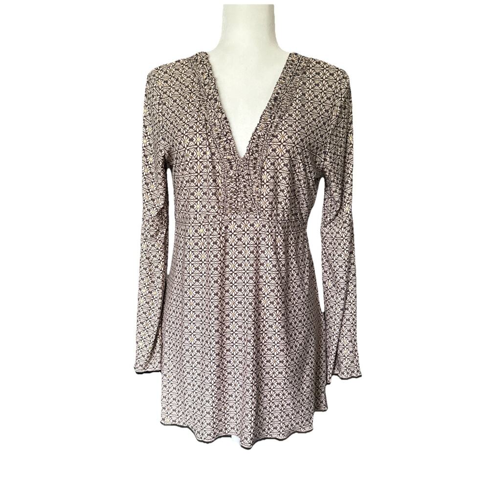 Y2K VTG Suzie in the City V-Neck Babydoll Top Womens M Brown Gold Tile Floral